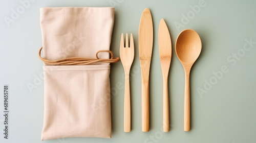 Set of Eco friendly bamboo cutlery eco bag and reuse