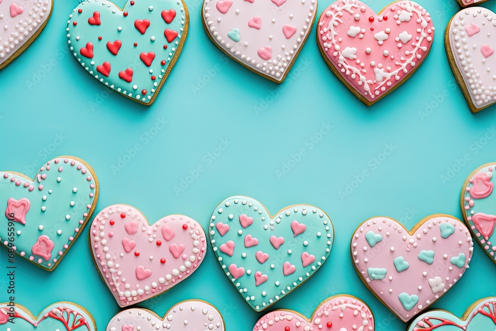Heart shaped cookies on blue wallpaper. Created with Ai