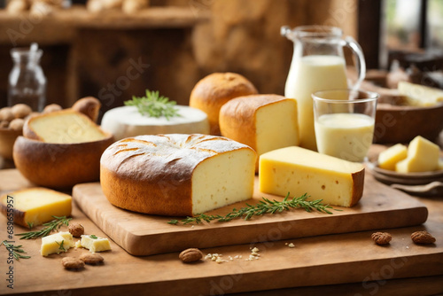 Dairy products such as cheese and milk, combination of cheese and milk, cheese alongside milk, two dairy items: cheese and milk, pairing of cheese and milk, dairy staples