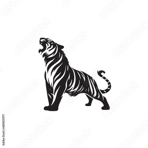 Fototapeta Naklejka Na Ścianę i Meble -  Striking Tiger Roaring Silhouette in the Act of Aggressive Confrontation - Black Vector Tiger Roaring Silhouette

