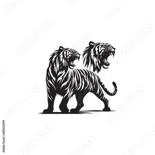 Fototapeta Naklejka Na Ścianę i Meble -  Fearless Tiger Roaring Silhouette During an Intimidating Attack - Black Vector Tiger Roaring Silhouette
