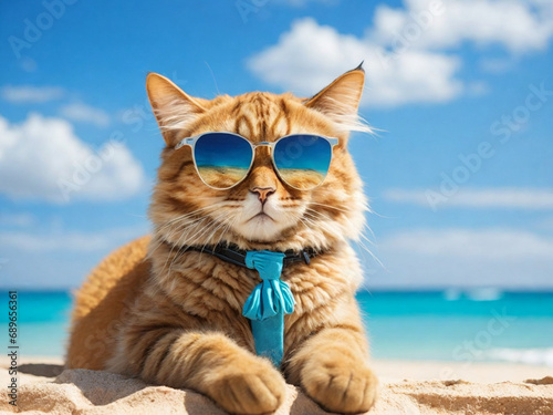 Feline on the beach, cat enjoying the seaside, kitty at the beach, cat relaxing on the sand, four-legged friend by the sea, cat lounging on the beach, kitty exploring the shoreline