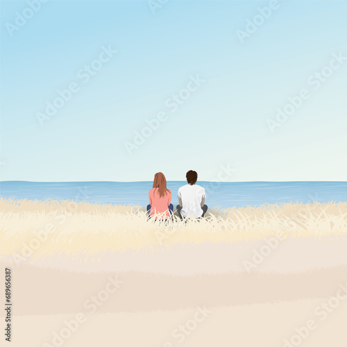 Couple of lover sitting on field at coastal and tropical blue sea in autumn season vector illustration. Valentine's day concept flat design.
