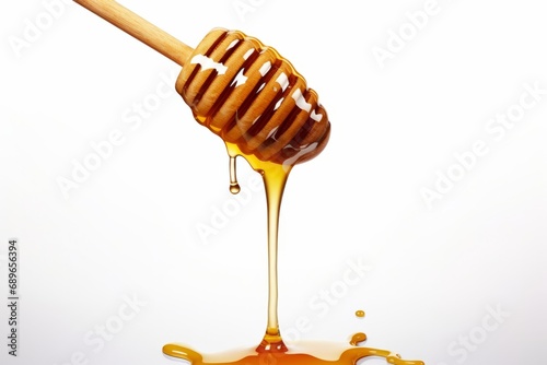 Honey from a wooden spoon in front of a white background, white lighting, studio light, fine details, on pastel plain background, stock photo