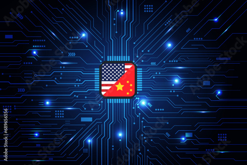 Flag USA and China on Computer Chip . Global chip shortage crisis and China-United States trade war concept.