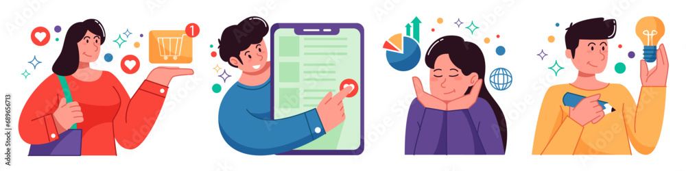 Set of digital marketing character concept with man and woman for illustrations. Set of digital marketing character concept with man and woman for illustrations.