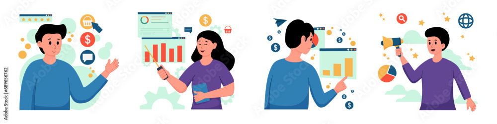 Obraz premium Set of digital marketing character concept with man and woman for illustrations.