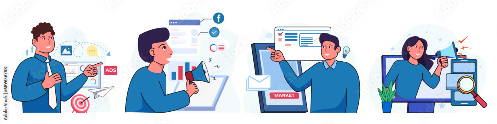 Set of digital marketing character concept with man and woman for illustrations. Set of digital marketing character concept with man and woman for illustrations.