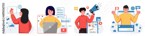 Set of digital marketing character concept with man and woman for illustrations.