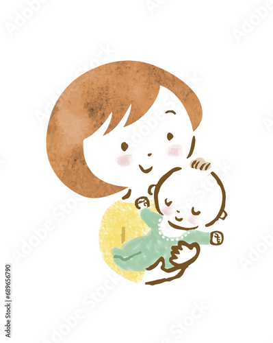 赤ちゃんを抱っこしてにっこり微笑む母親の手描きイラスト