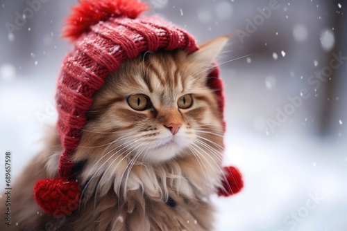 Cat in a red hat and scarf on a snowy background
