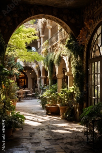 Tranquil garden courtyard inside a historic building  Generative AI