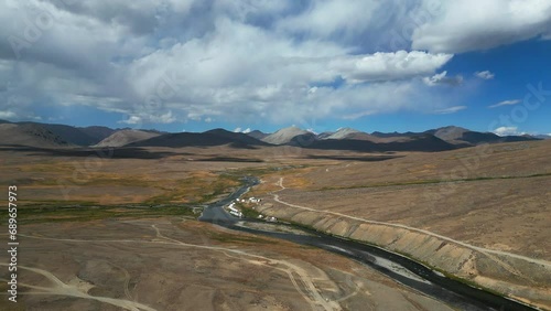 Aerial landscape view of beautiful Deosai plains. A freshwater stream flows through the Deosai National Park Gilgit Baltistan Pakistan.