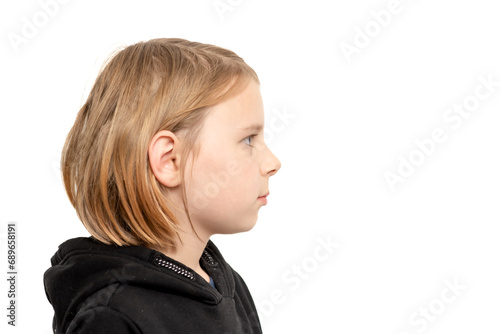 A captivating portrait of a ten-year-old boy with flowing long hair, his youthful features highlighted against a clean, white background