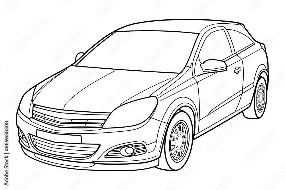 Outline drawing of a classic modern coupe car from front side view. Classic modern style. Vector outline doodle illustration. Design for print or color book.	
