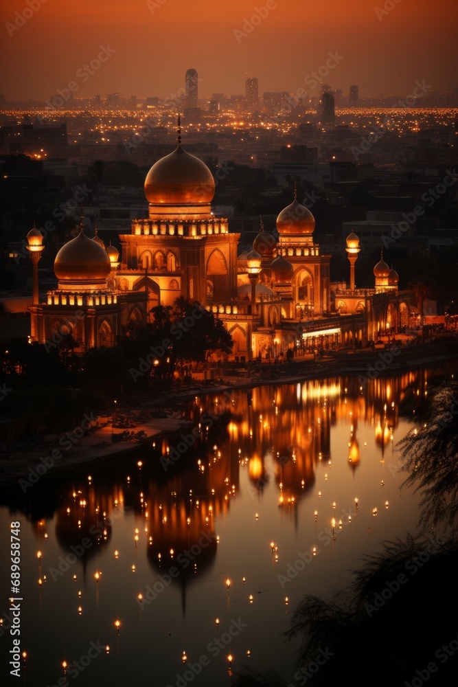 Fototapeta premium Illuminated Baghdad skyline with modern buildings, Generative AI