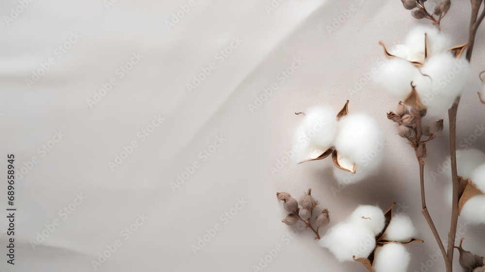 A highresolution image showcasing the natural texture of cotton plant, ideal for a soft and soothing wallpaper with ample copy space for text or design elements. - obrazy, fototapety, plakaty 
