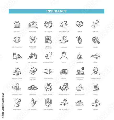 Insurance Icon Thin Line Set Support Services