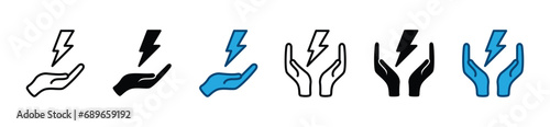 Electricity energy icon. Electrical energy line icon. Hands with flash lightning or thunder bolt icon. Vector illustration