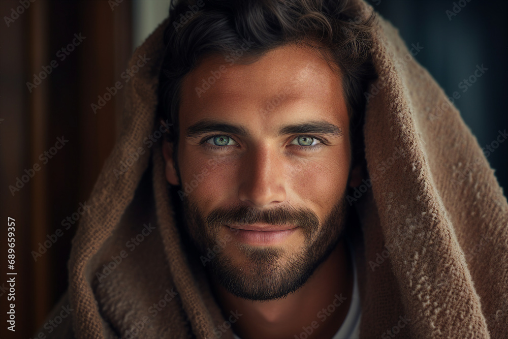 Generative AI closeup portrait young handsome guy wrapped in warm laundry blanket waking up winter morning