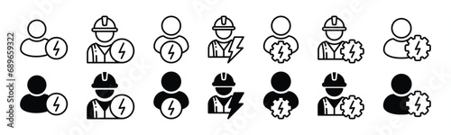 Electrician icon set. Electrical engineer, electric technician, and electrical repairman icons in thin line and flat style for apps and websites. Vector illustration