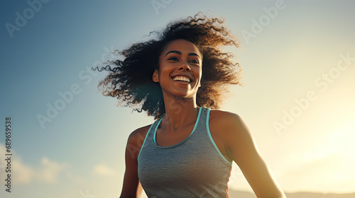Fitness, black woman and happy athlete smile after running, exercise and marathon training workout.