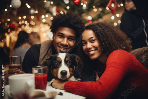 Young family with favorite pet doggy kitten sitting festive christmas table Generative AI photo