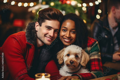 Young family with favorite pet doggy kitten sitting festive christmas table Generative AI