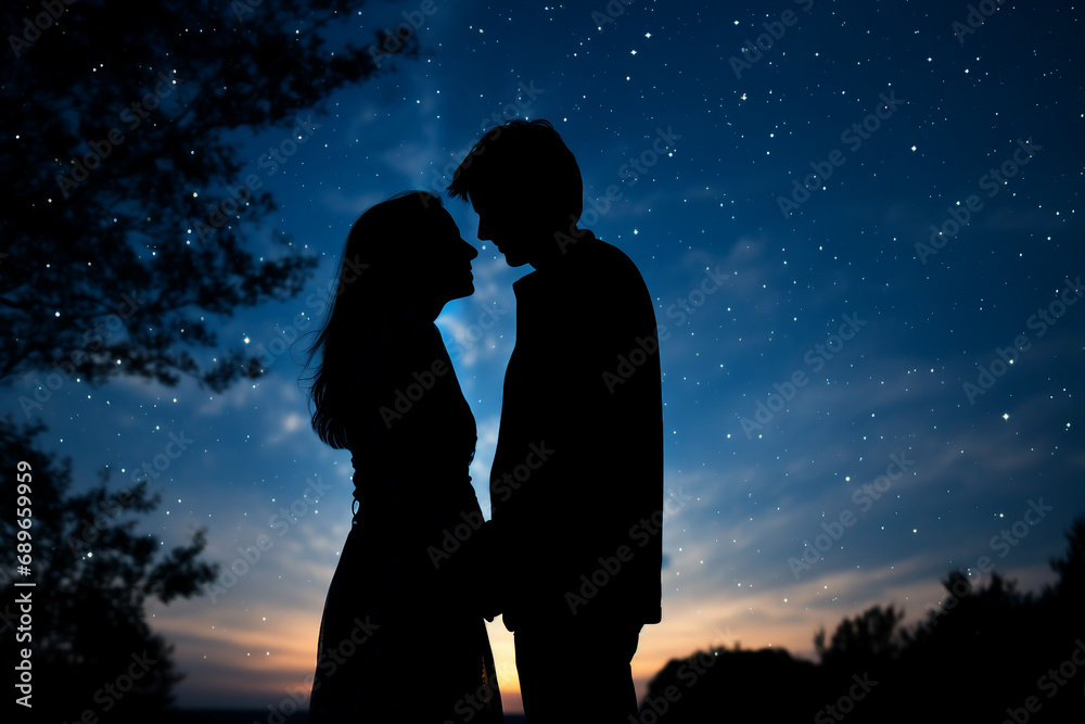 Generative AI image of dreamy romantic scene of loving people on a starry night Generative AI image of dreamy romantic scene of loving people on a starry night