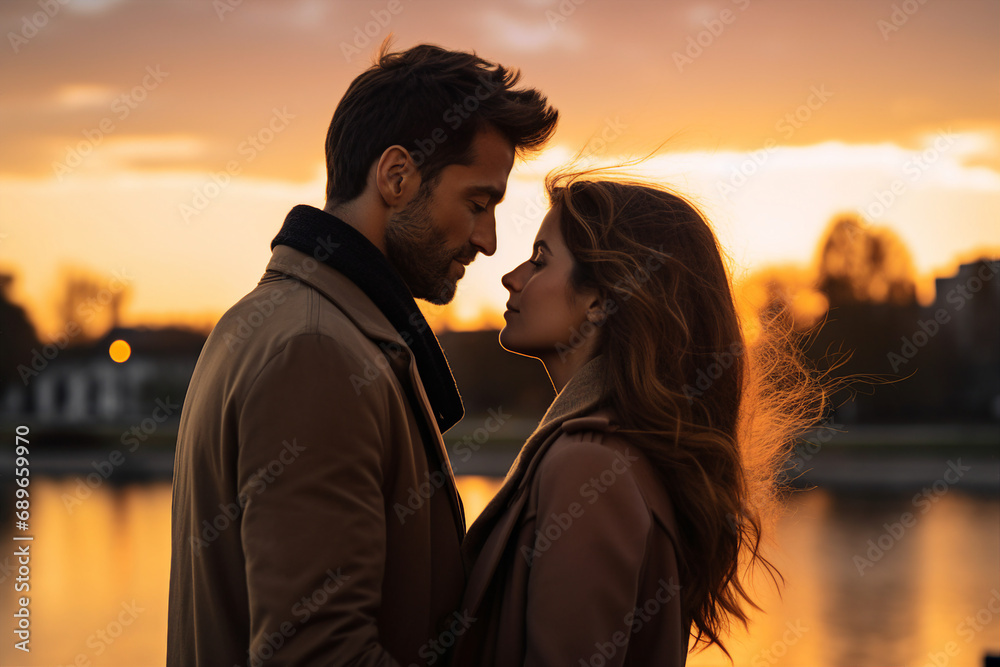 Generative AI image of romantic scene proposal against golden sunlight Generative AI image of romantic scene proposal against golden sunlight