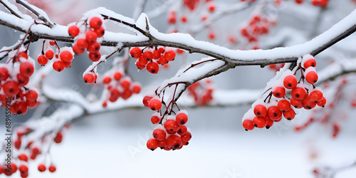 Nature's Jewels. Red Rowan Berries Glistening in Winter Frost.AI Generative 