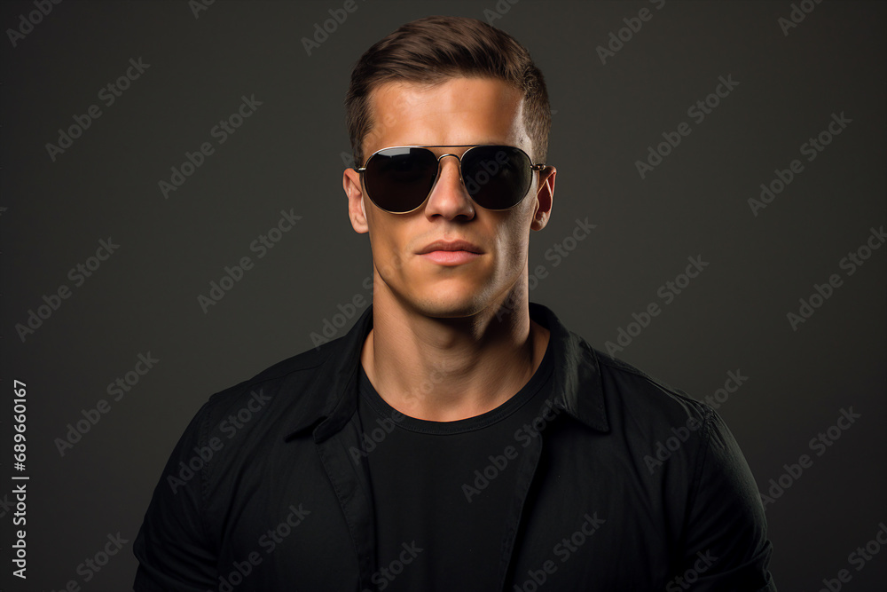 Generative ai picture of handsome nice man wear trendy glasses isolated on grey color background Generative ai picture of handsome nice man wear trendy glasses isolated on grey color background