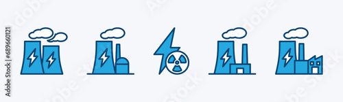 Nuclear power plant icons. Nuclear reactor industrial plant steam chimney sign and symbol. Vector illustration