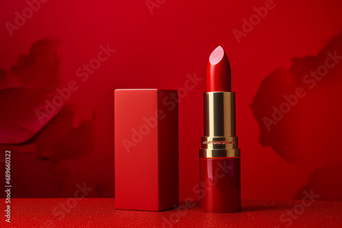 Red lipstick on a red background photo