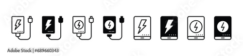 Power bank icon set. Smartphone powerbank charger. Portable charger icon symbol. Vector illustration