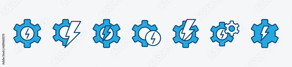 Electric power energy setting icon. Electricity setup, settings, options and control panel icon set. Gear with flash lightning bolt symbol. Vector illustration Electric power energy setting icon. Electricity setup, settings, options and control panel icon set. Gear with flash lightning bolt symbol. Vector illustration
