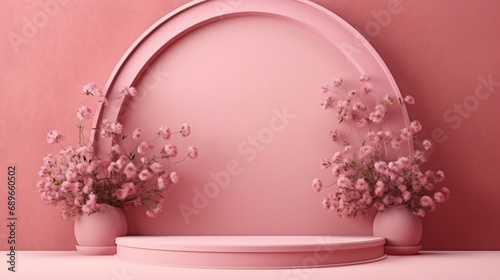 Textured arch with podium and flowers on a pink background