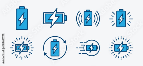 Charging icon set. Battery charge, charger, recharge icons symbol. Rechargeable battery and fast charging. Wireless charger. Vector illustration photo