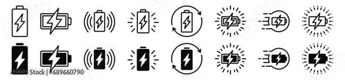 Charging icon set. Battery charge, charger, recharge icons. Rechargeable battery and fast charging. Wireless charger. Vector illustration