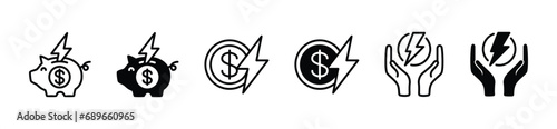 Energy saving thin line icon set. Saving electrical energy icons. Reduction electricity power consumption, saving electrical energy costs. Vector illustration