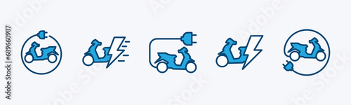 Electric motorcycle icon set. Electric vehicle icon. Electric motorbike charging cable and plug. Vector illustration