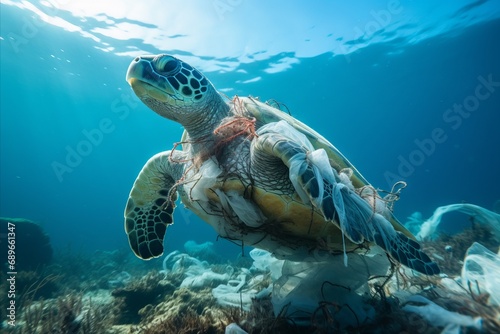 Underwater animal a turtle eating plastic bag, Water Environmental Pollution Problem  photo