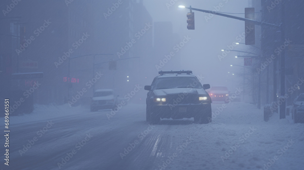 Big car on crossroads downtown in snowstorm with traffic lights and danger of bad visibility Big car on crossroads downtown in snowstorm with traffic lights and danger of bad visibility