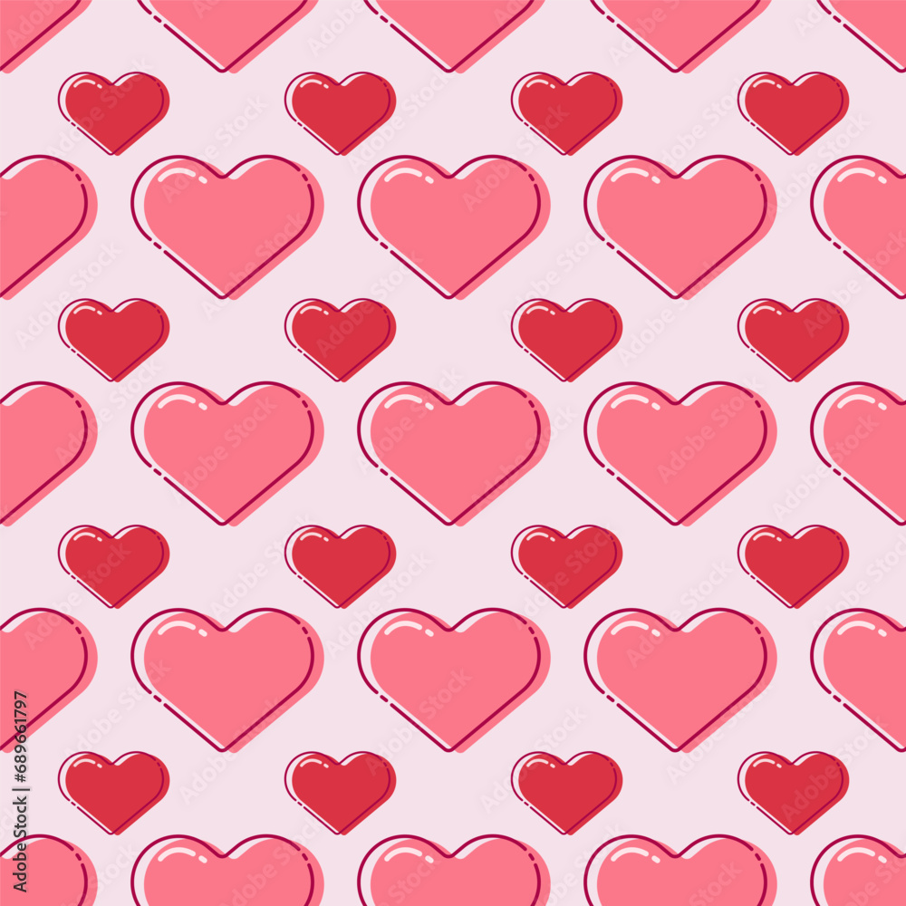 Red love heart seamless pattern illustration. Cute romantic pink hearts background print. Valentines day holiday backdrop texture, romantic wedding design.