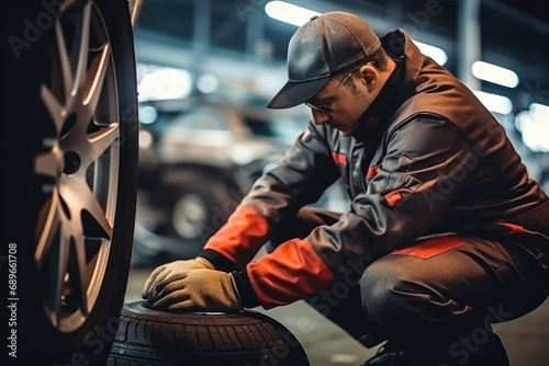 Man auto mechanic wearing gloves repairing a car wheel. Auto repair shop bokeh background with cars and tools. Car repair service, male mechanic
