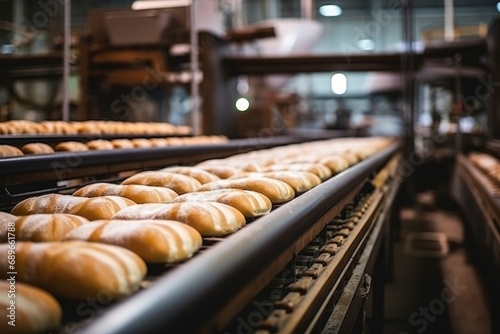 Automatic conveyor with fresh bread at the factory. Bread production line, pastries, natural delicious bread baking enterprise