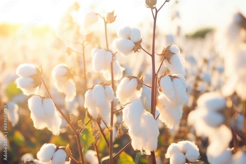 Cotton branches in field at sunset. Beautiful natural bokeh background, lush cotton flowers in soft sunlight. Cotton harvest for textile production, agricultural crop Cotton branches in field at sunset. Beautiful natural bokeh background, lush cotton flowers in soft sunlight. Cotton harvest for textile production, agricultural crop