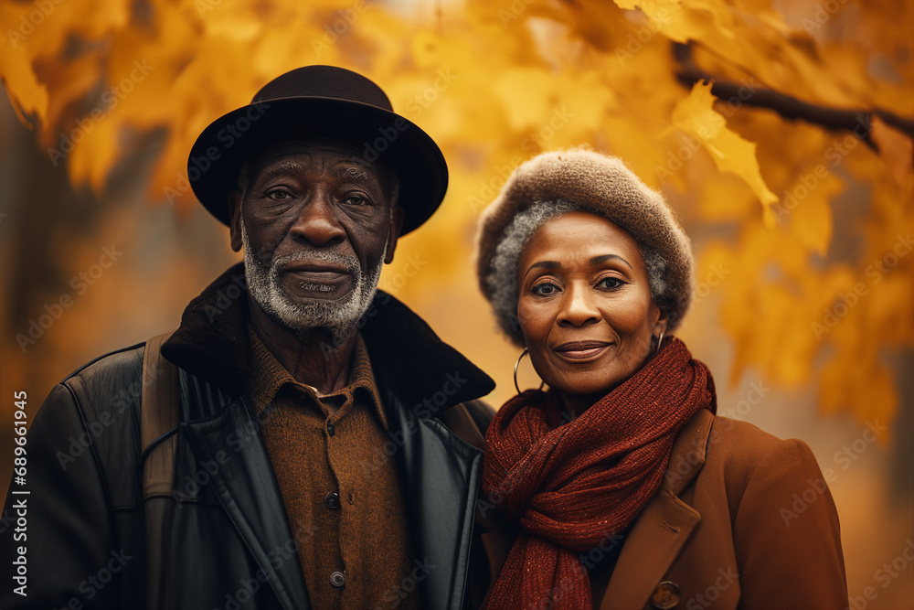 AI generated image of beautiful elegant nice couple walking together autumn park