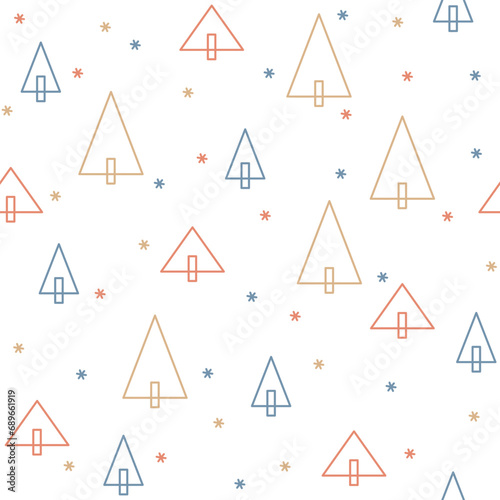 Seamless vector pattern with various Christmas trees. Stylized scandi texture. Cute hand drawn lineart background for wrapping paper  packaging  gift  fabric  wallpaper  textile  card  cover  apparel.