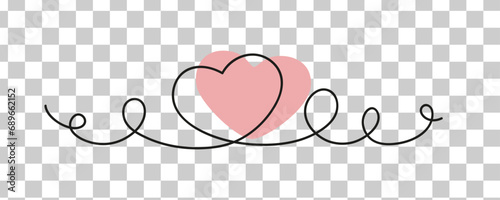 Heart with one line with curls vector without background design element for wedding anniversary postcard in line art love day line in curves